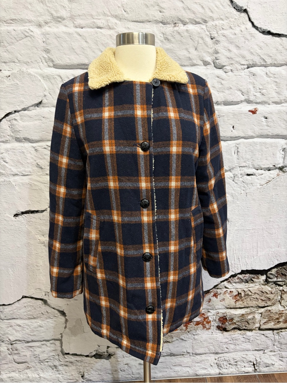 Free People × ROLLAS Check Sherpa Coat Chore Barn Jacket Wool Cozy - Picture 6 of 11